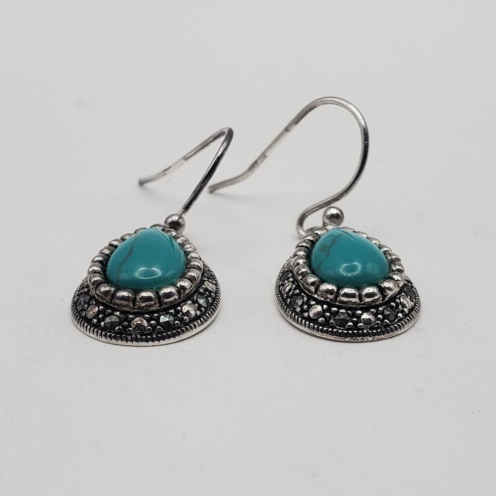 SLC 925 Vintage Sterling Silver Marcasite Turquoise Dangle Earrings Teardrop - Picture 4 of 9